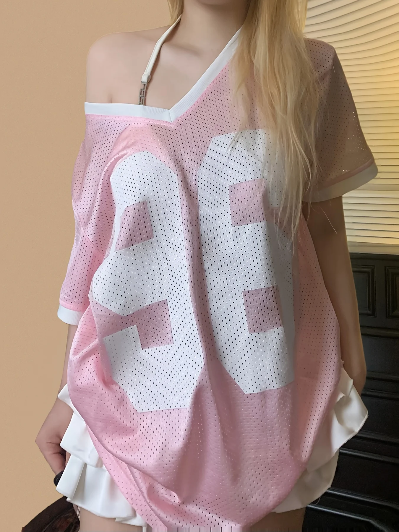 Summer Sexy Spicy Girl Outfit Mesh Jersey Tshirt Women'S V-Neck Loose Polyester Fabric Tee Fashionable Sportswear Y2k Casual Top