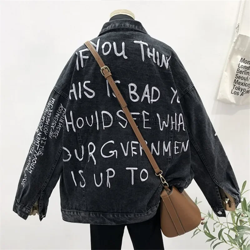 Blue Balck Letter Embroidery Denim Jackets Women Loose Cowboy Outerwear Spring Korean Mid Long Big Pocket Jeans Jacket Female