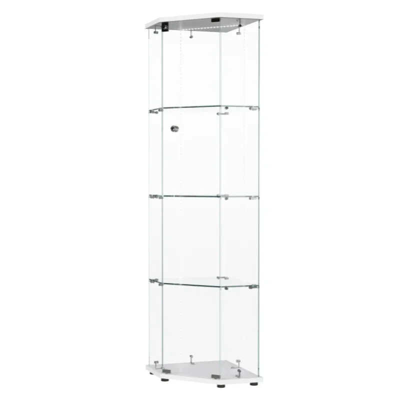 Comanlai Glas-Vitrine, Eck-Glasvitrine, 4 Regale, 1 Tür mit Schloss, Holzsockel, Glasschrank für Sammlungen, Wohnzimmer, Schlafzimmer ﻿
