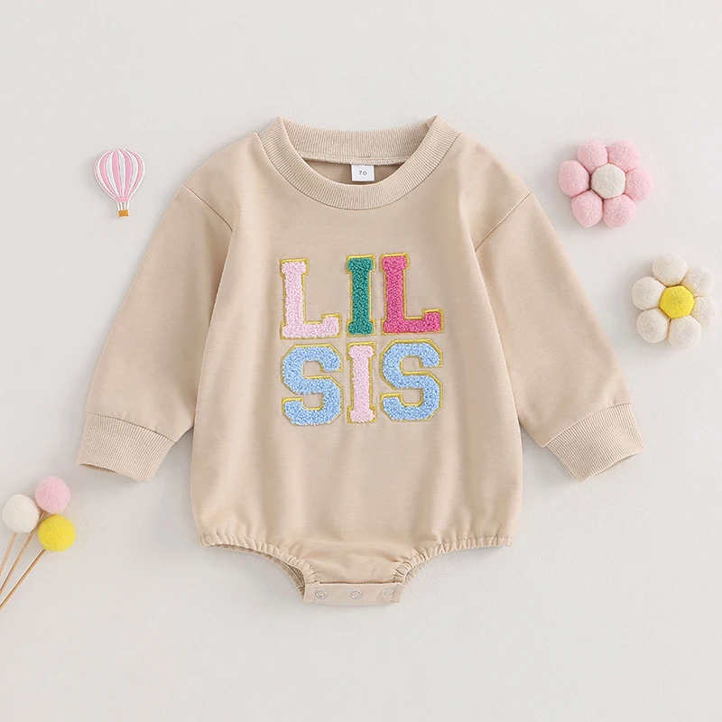 

Infant Girl Sweatshirts Rompers Letter Embroidery Crew Neck Long Sleeve Jumpsuits Sister Matching Fall Clothes Baby Bodysuits