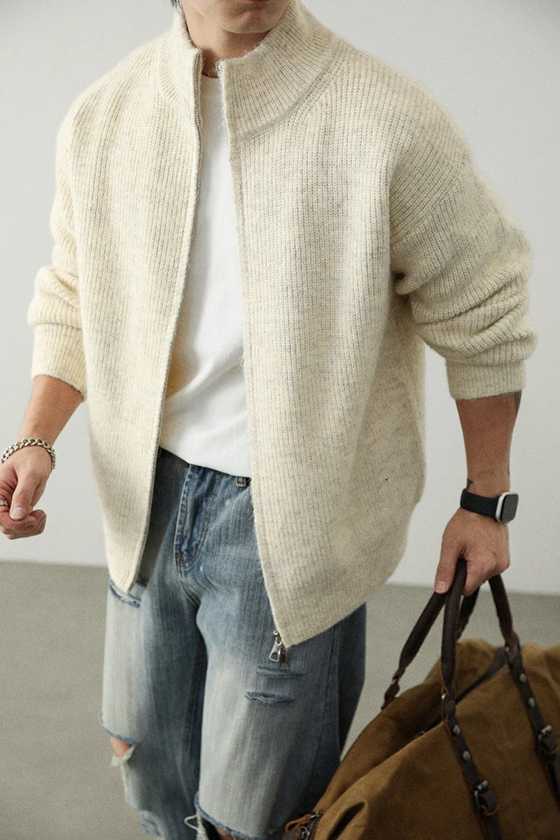 

New Trendy Men Knit Coat 2025 Autumn Winter Fashion Double Zipper Sweater Cardigan Stand Collar Knitwear Wool Blend Outerwear