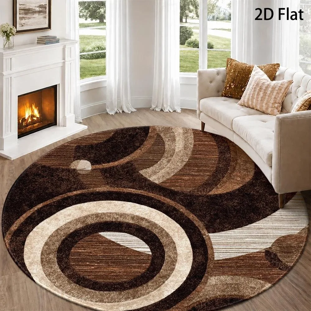 Brown Beige Geometric Round Rug Modern Concentric Circle Curved Arc Striped Texture Print Circular Floor Mat for Living Room