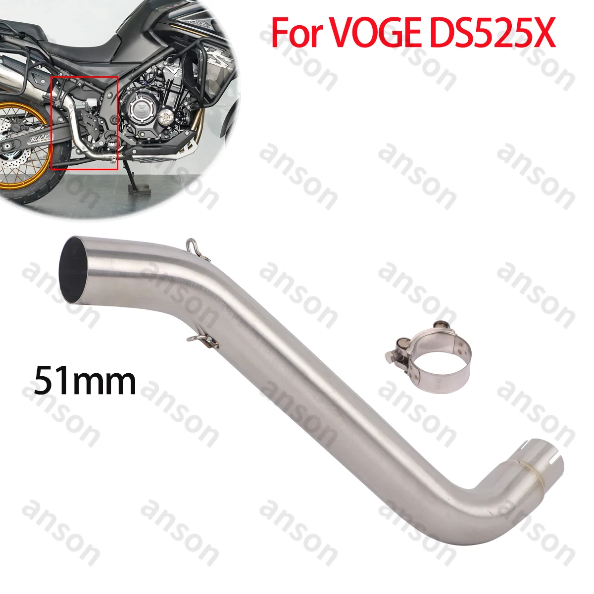 

Надевается 51 мм для VOGE DS525X, средняя выхлопная труба, надеваемая на глушительную трубу, мотоциклетную побег, модифицированную среднюю трубу из нержавеющей стали