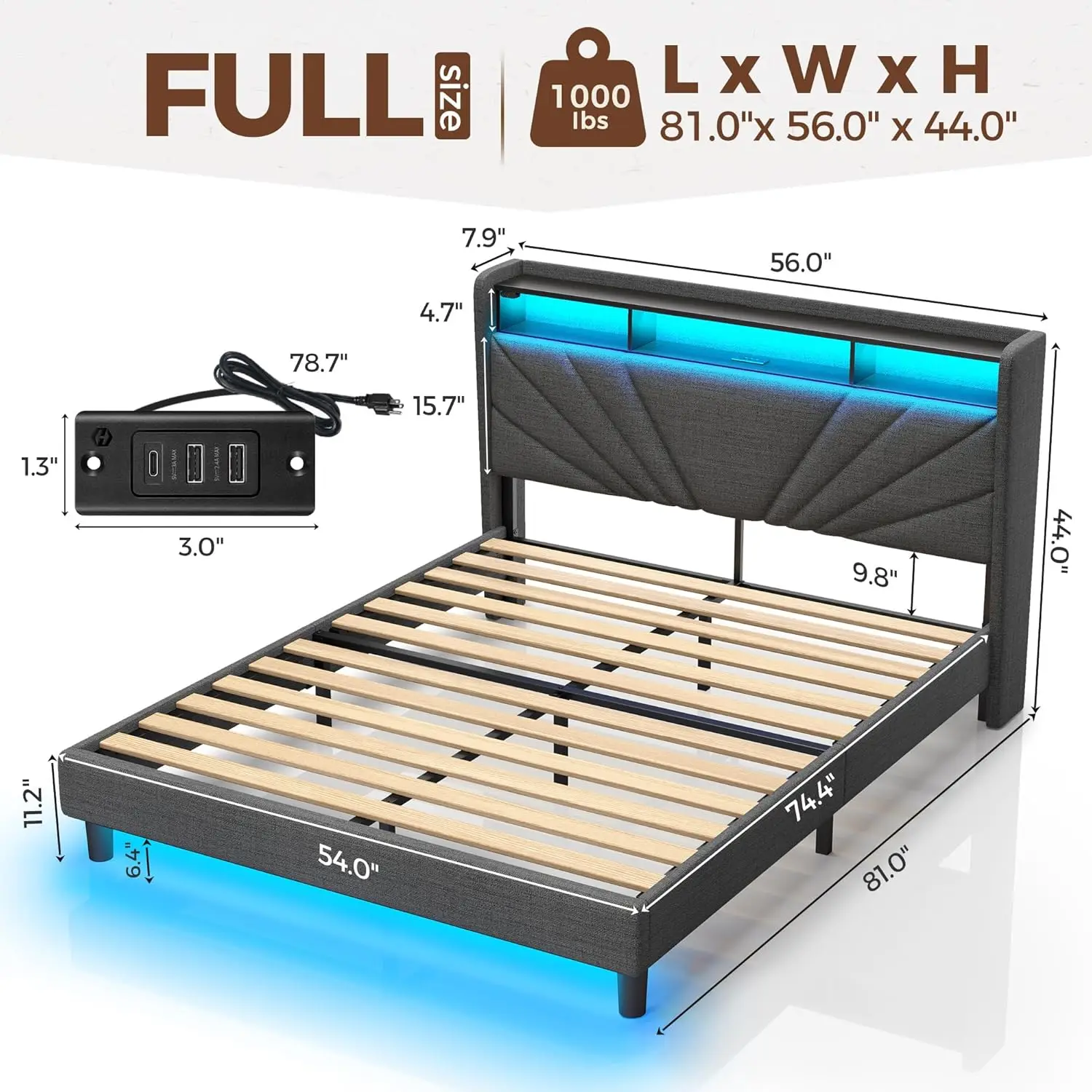 Full size bed frame, storage headboard with charging station and LED lights, noise free, easy to assemble, dark gray