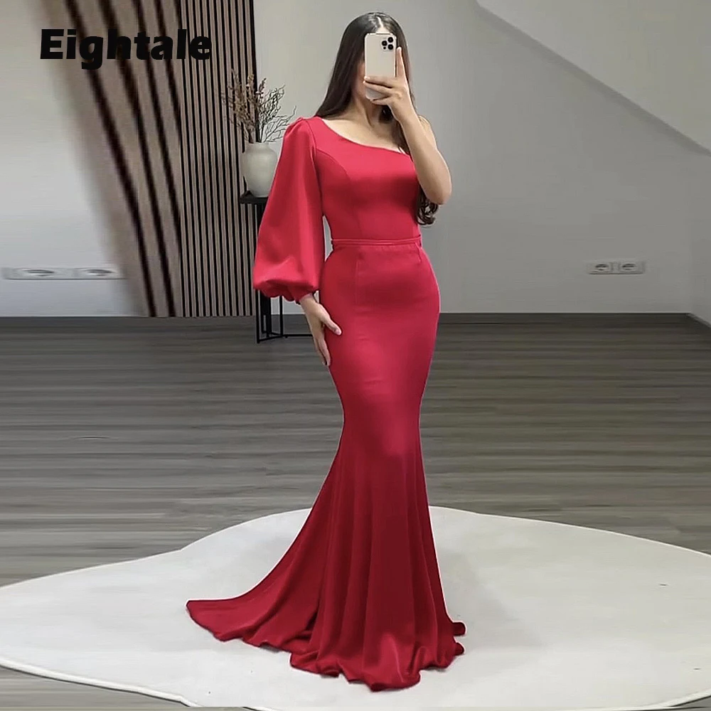 

Eightale Dubai Evening Dress for Wedding Party One Shoulder Long Puffy Sleeve Red Mermaid Arabic Prom Gowns Celebrity Dress