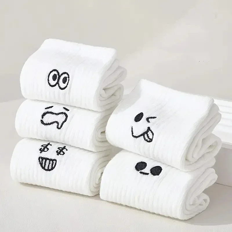 5Pairs Summer Spring Short Sock Women White Kawaii Fun Socks Embroidered Expression Pack Pattern Cotton Middle Tube Sports Sock