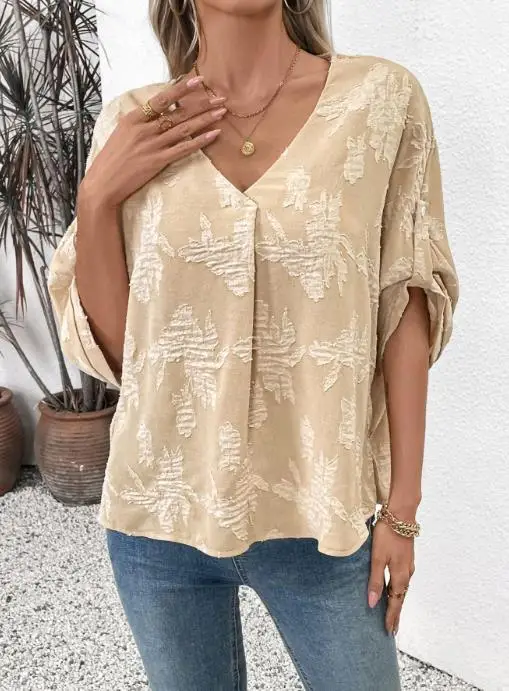 

Lace Jacquard Top for Spring/summer Women's Commuting Bat Sleeve Top Elegant and Fashionable Jacquard Design T-Shirt Top