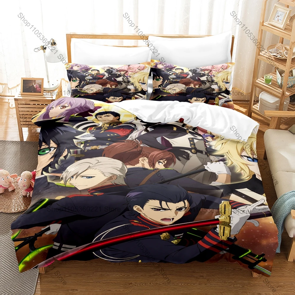 Trendy Seraph of the End Printed Bedding Set, Duvet Cover plus 2 Pillowcases, Dark Fantasy Style Soft Microfiber Daily Bedding