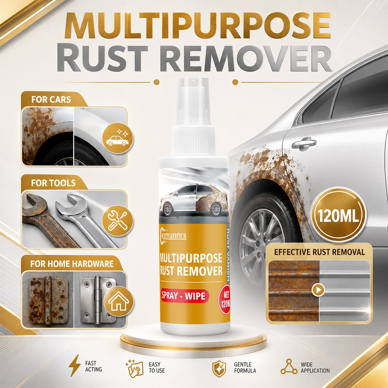 120ml Multi-purpose Rust Remover, Powerful Rust Cleaning, Renew Metal Gloss for Car & Metal Hardware