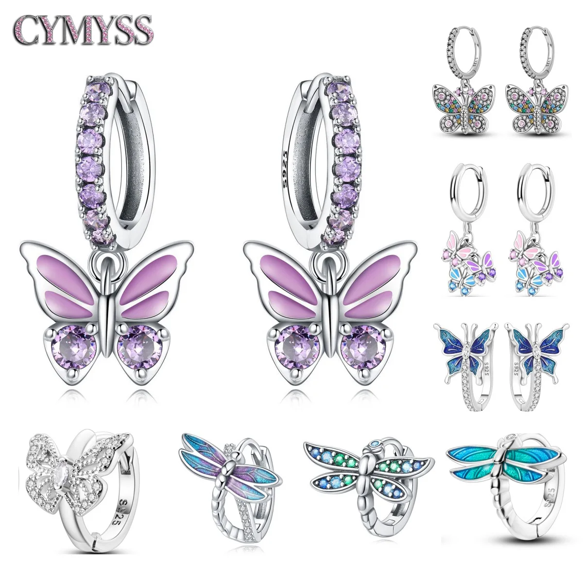 

CYMYSS 2025 New 925 Sterling Silver Purple Butterfly Earrings Insect Element Design Women's Party Jewelry Gift Charm Ear Loops