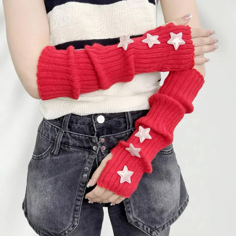 com-buraco-de-polegar-feminino-street-wear-festas-luvas-de-malha-aquecedores-de-braco-sem-dedos-luvas-de-pulso-longo-inverno-estrela-mangas-de-braco