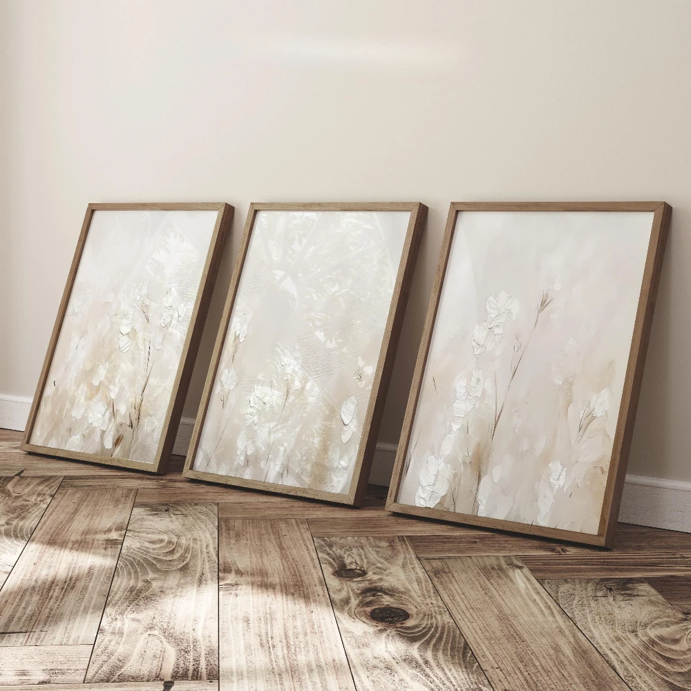 Impresiones Abstractas Minimalistas de Flores Silvestres en Crema, Impresiones Decorativas para Pared de Sala de Estar en Color Beige Neutro, Arte para Dormitorio en Crema Suave, Decoración de Pared, Regalo