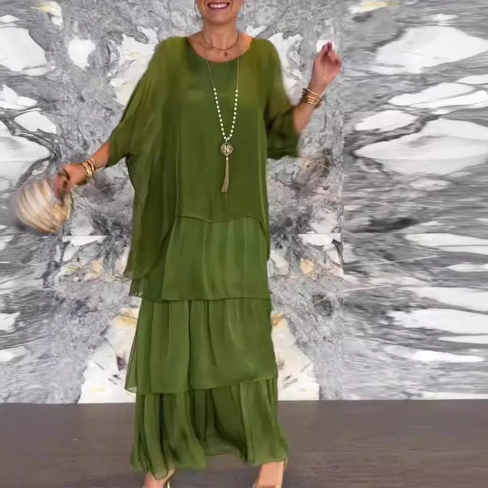 Mulheres elegantes vestidos de chiffon sólido primavera outono o pescoço feminino em camadas plissado meia manga bolo longo praia férias vestido 2025