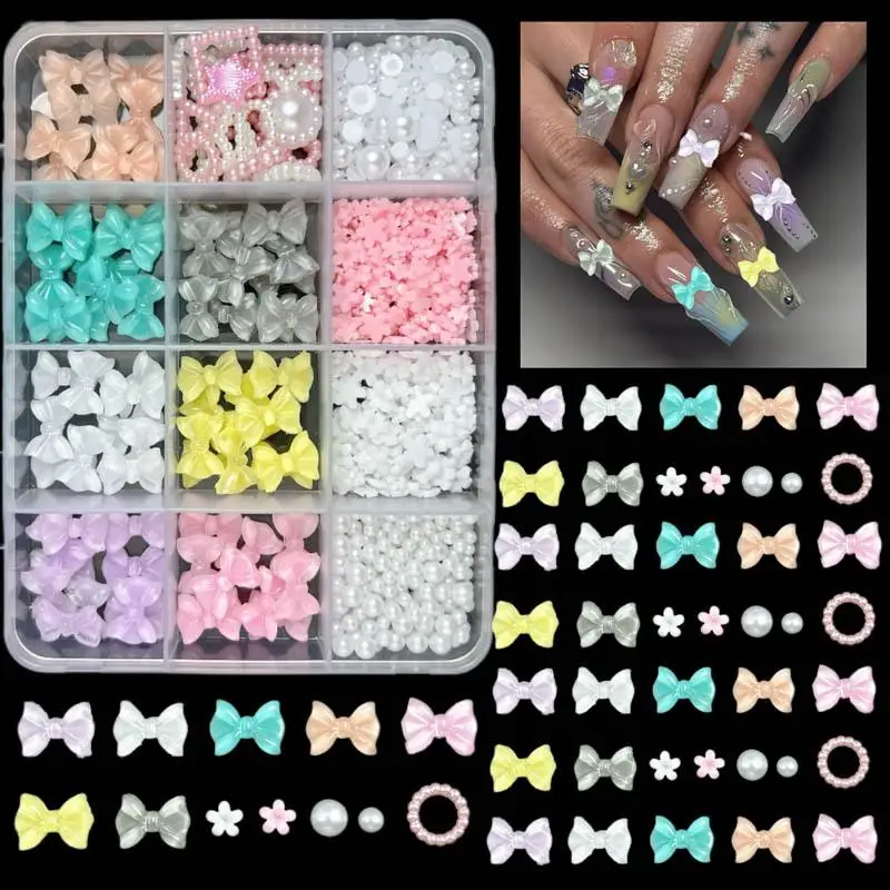 1 doos meerdere stijlen kleurrijke hars strikken nagel charmes parel hart plaksteen diamant nail art decoratie voor doe-het-zelf manicure ambachten