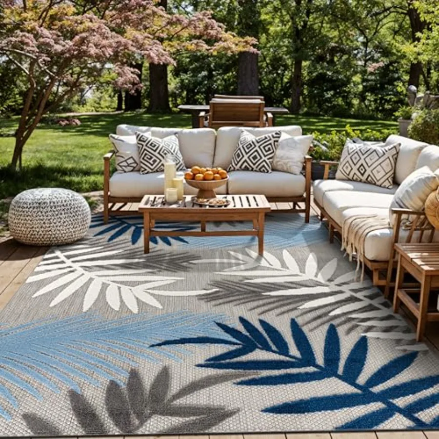 

Indoor/Outdoor Palm Leaf Area Rug, Polypropylene, Blue, Non-Shedding Easy-Care Design for Backyard, Deck and Outdoor Lounge, 10