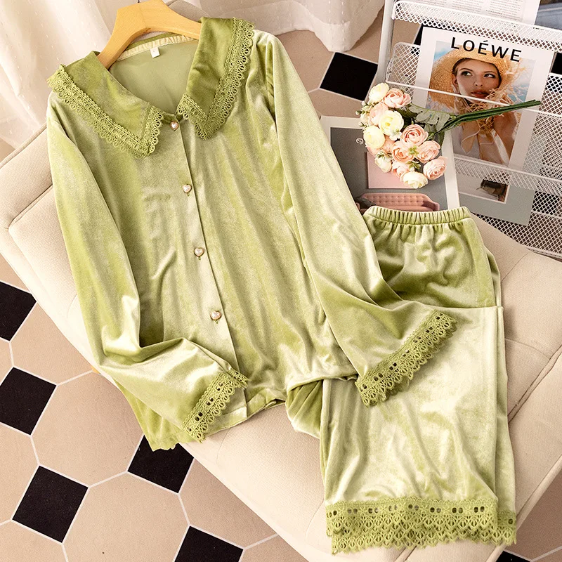 Autumn Winter Velour Sleepwear Green Velvet Pajamas Set for Women Loose Sweet Lace Trim Home Clothes Loungewear Trouser Suits