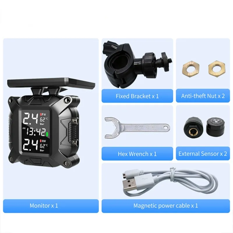 

Solar/usb Charging Wireless Motorcycle TPMS Motor Tire Pressure Tyre Temperature Monitoring Alarm System With 2 External Sensors