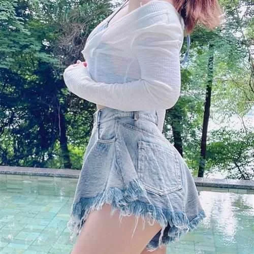 

Джинсовая юбка с высокой талией для женщин, повседневная рваная бахрома, хлопковая молодежная трендовая весна Seven Sve, внутренняя одежда, универсальная посадка