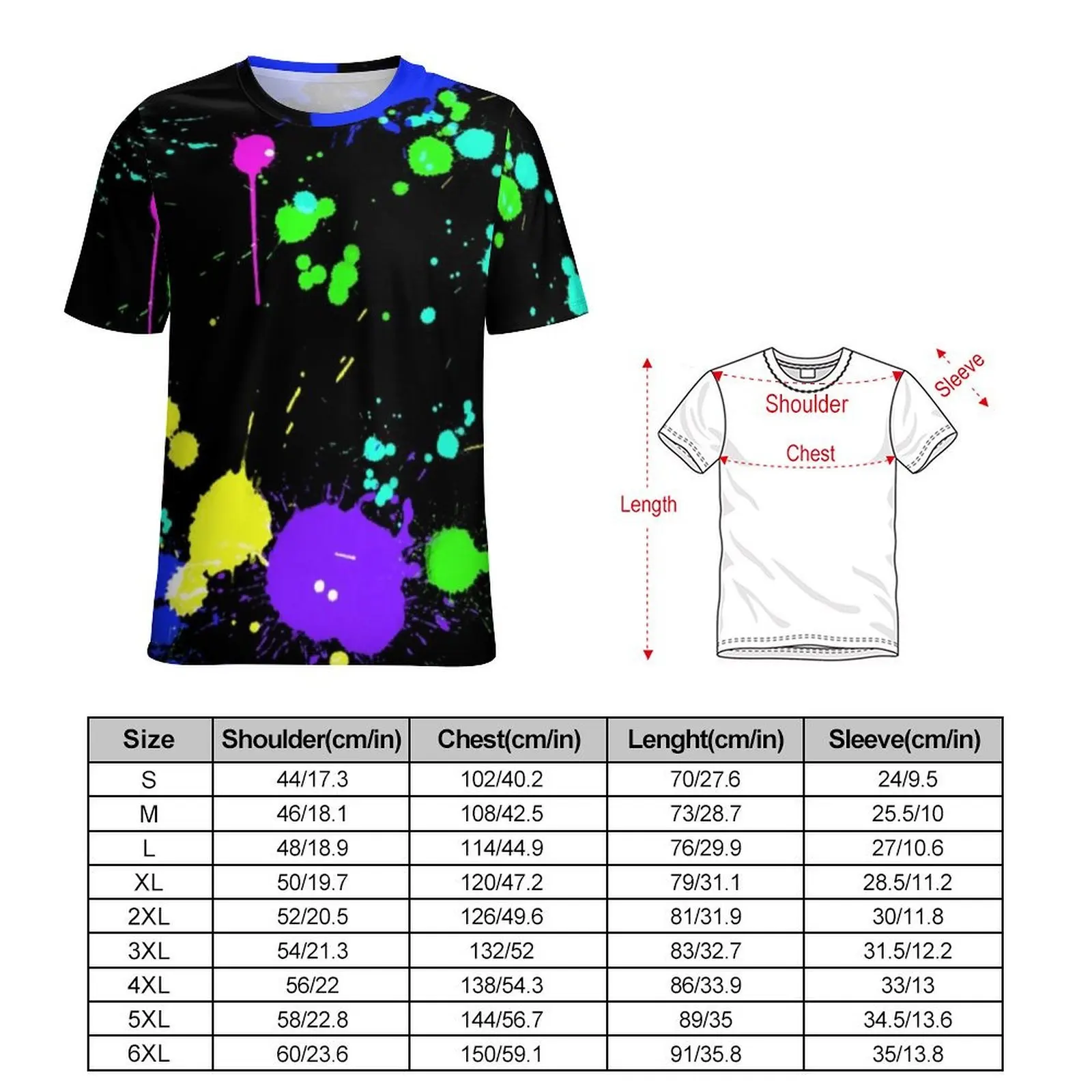 Premium T-Shirt Cool Paint Splatter T-Shirts Neon Bright Print Aesthetic Fashion Tees For Male Short Sleeve Plus Size Clothing