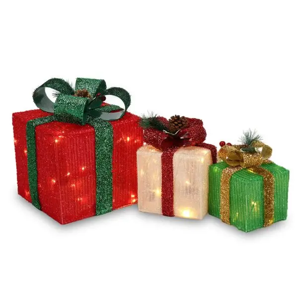 Conjunto de caixa de presente de Natal iluminada por LED de 3 peças com luzes brancas quentes - Alimentado por bateria para decoração de férias internas e externas, 3 tamanhos em