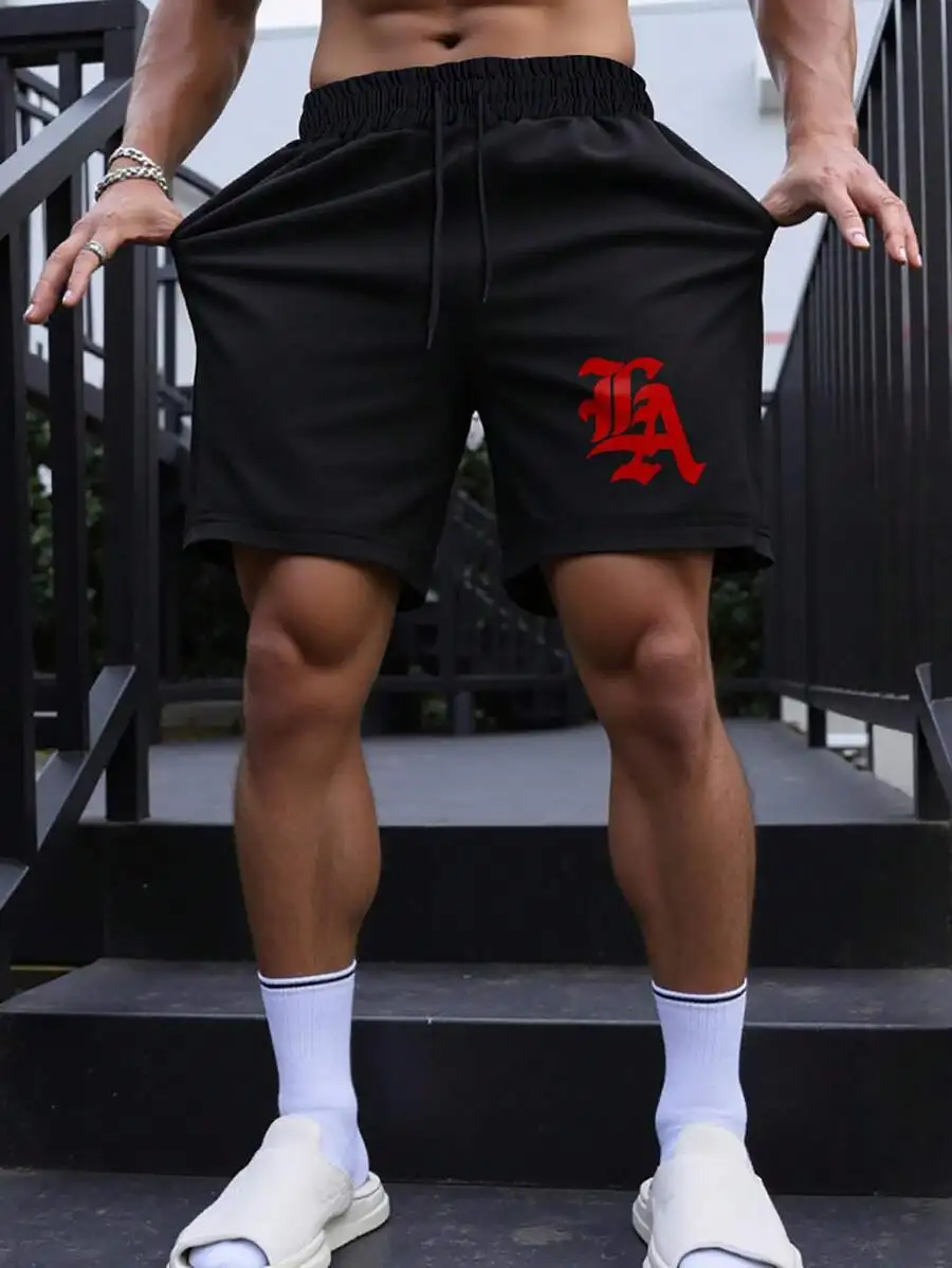 

Black Mens Loose Fit Drawstring Shorts With Red Logo For Streetwear And Casual Outdoor Use