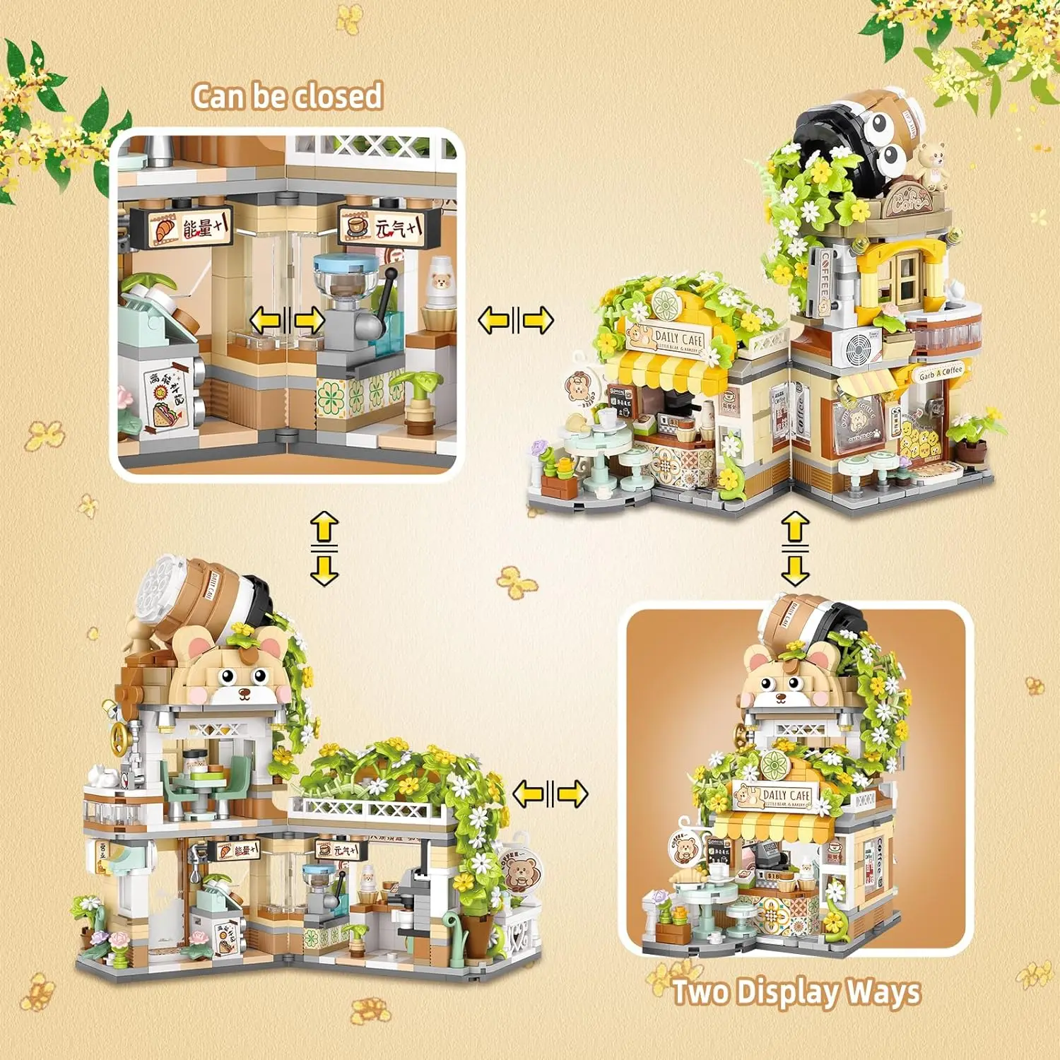 Loz Mini Street View Building Blocks Bear Coffee Shop Foldable Panda Milk Tea Cartoon Street Shop Store Model Bricks Stacking