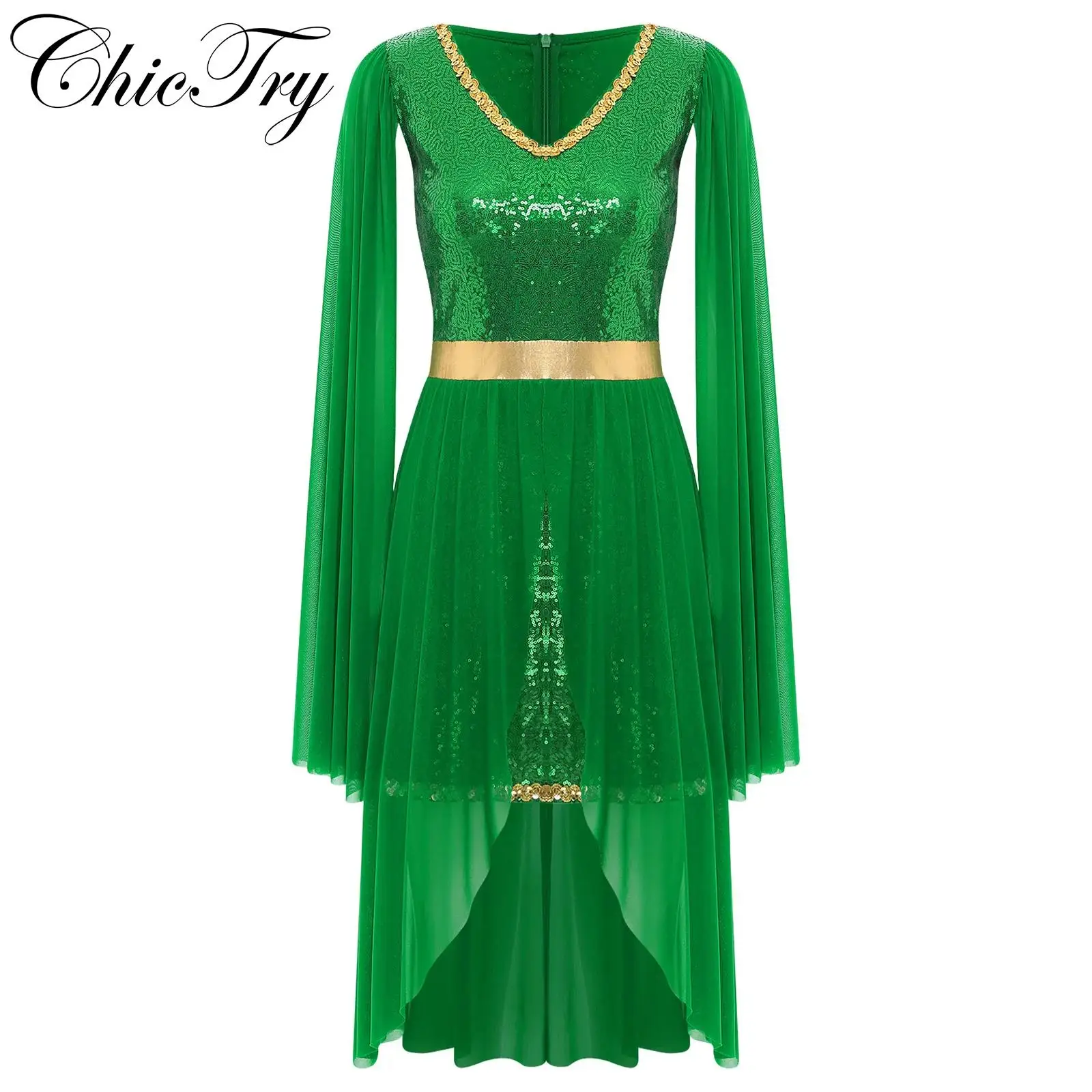 

Womens Green Princess Fairy Costume Forest Elf Halloween Cosplay Dress Long Sleeves Drape Mesh Skirted Sequins Roleplay Dress