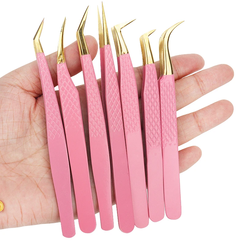 1PC Pink Stainless Steel Eyelash Tweezers Anti-static Non-magnetic Professional Pincet 3D Lashes Extension Tweezer Makeup Tools