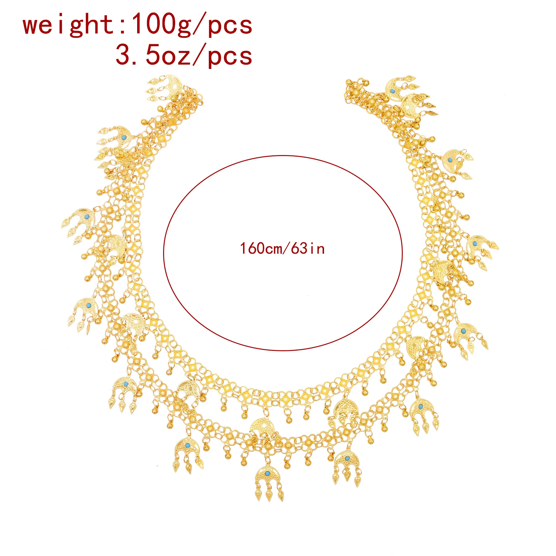 Central Asian Style Golden Gorgeous Crescent Tassel Pendant Women Sling Waist Chain Decorated with Imitation Turquoise