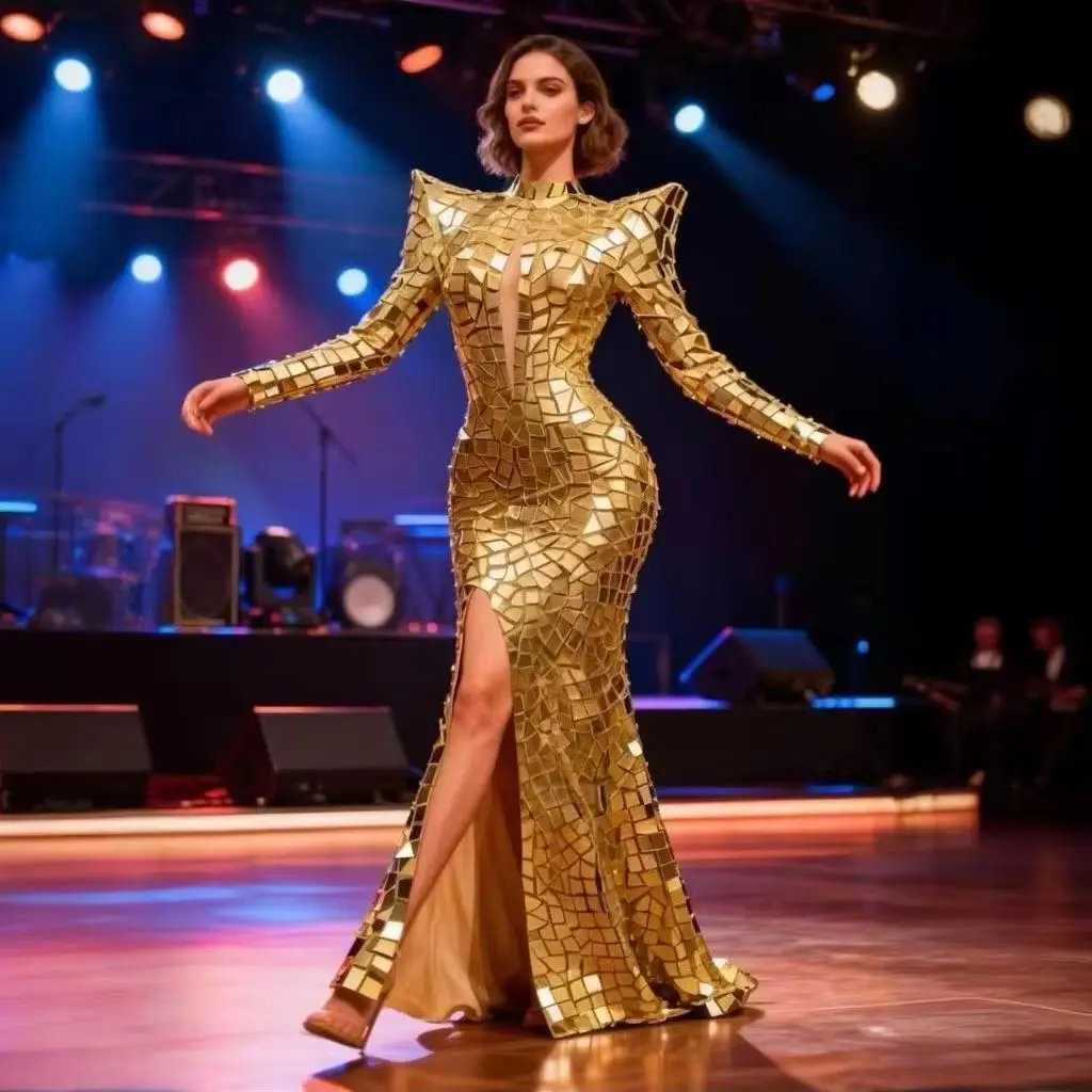 

2026 Women's Mirror Sequin Long Gown Shiny Christmas Party Dress Silver Gold Blue Red for Stage Performance Holiday Celebration