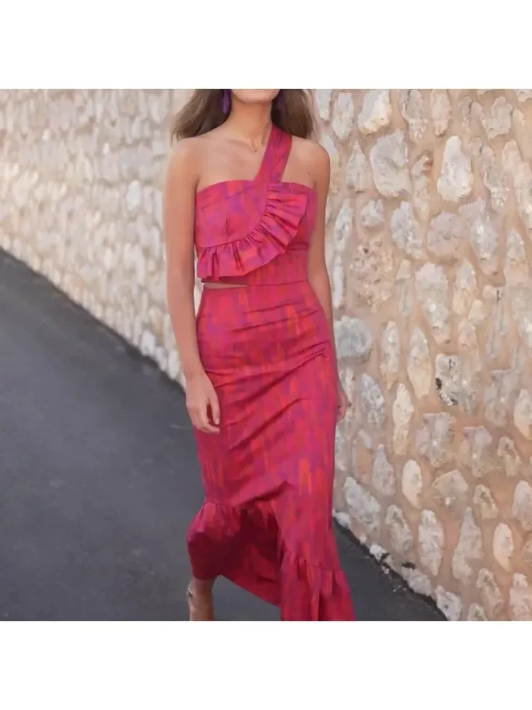 Female Tie Dyed Spliced Ruffles Diagonal Collar Crop Top High Waist Skinny Dress Sexy Midi Skirt 2024 Chic Lady Fashion Outfit