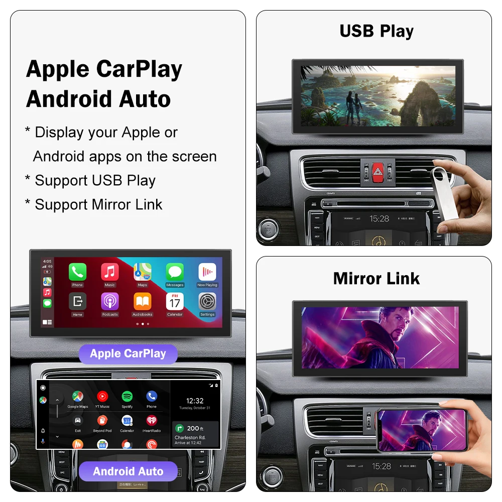 8.8 Inch Universal Wireless Carplay Display For Nissan Honda Toyota with Android Auto Mirror Link Bluetooth USB Play Rear Camera