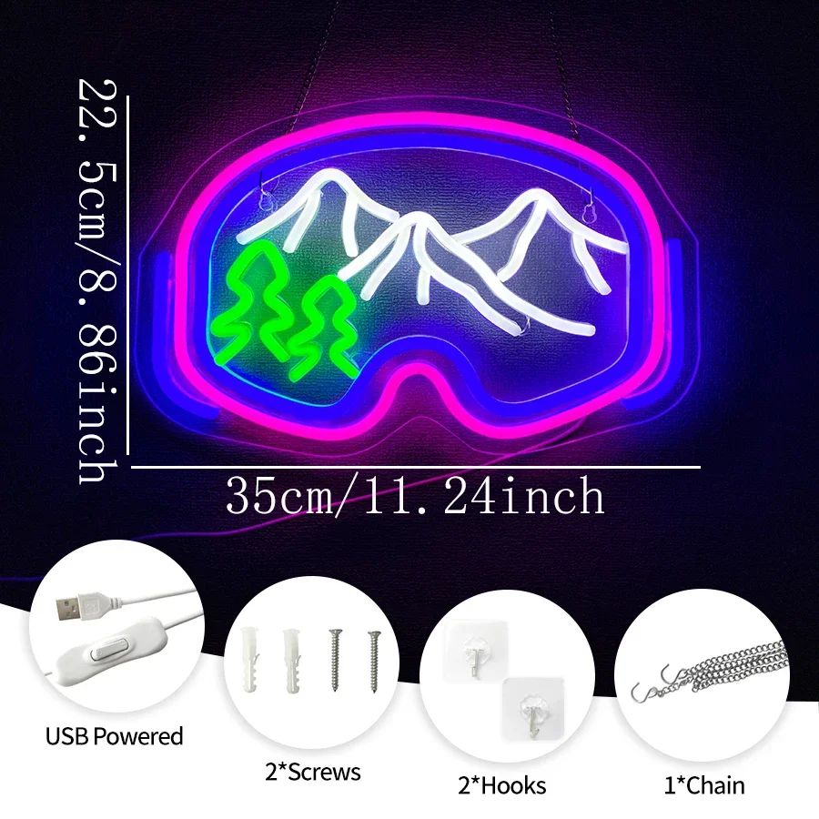 LED Neon Light USB Powered for Winter Sports Party, Bedroom,Home,Bar,Man Cave,Skiing Gifts Ski Goggles Neon Sign for Wall Decor