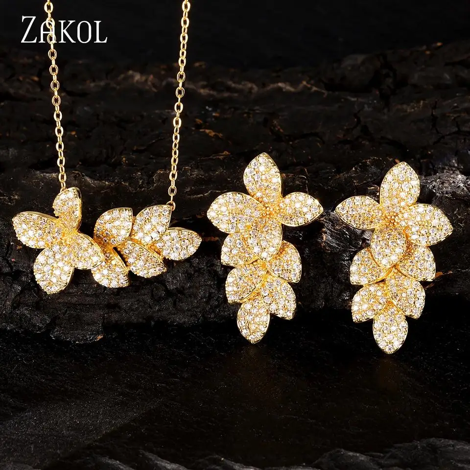 ZAKOL Leaf Flower Design Micro-Inset Zircon Earrings Pendant Two-Piece Set For Women Exquisite Fashion Charm Party Jewelry Sets