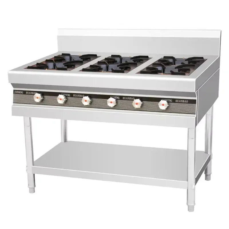Commercial 6-port stainless steel gas cooker with piezoelectric ignition and flameout protection, suitable for home and hotel