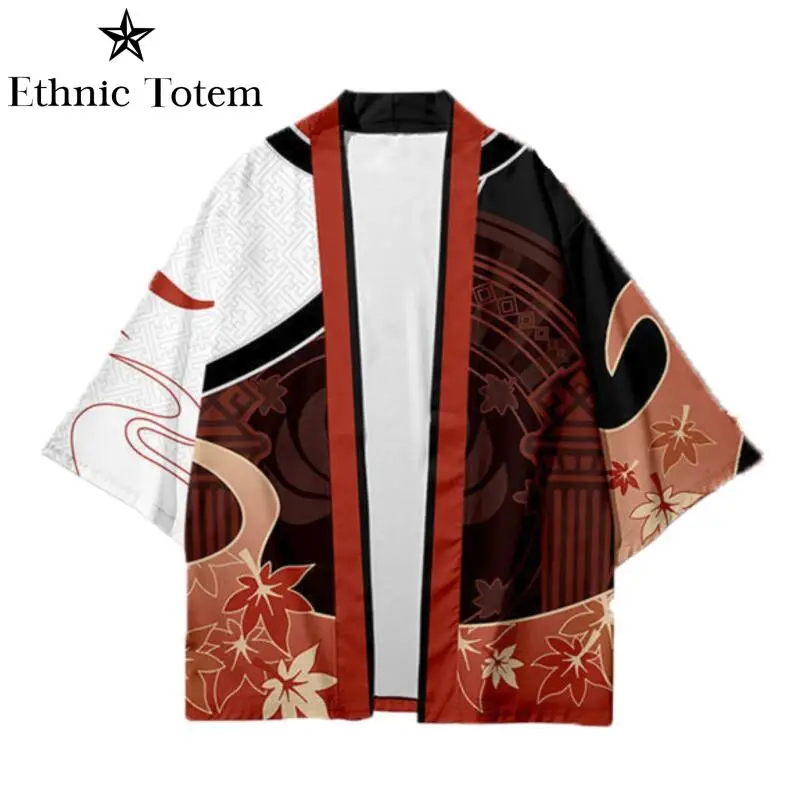 Game Kaedehara Kazuha Cosplay Kimono Mens Japanese Traditional Costume Cardigan Maple Leaf Haori Open Front Beachwear for Summer