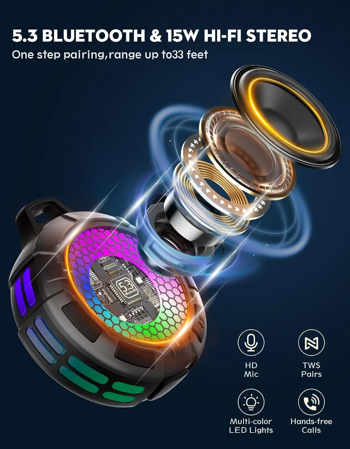 مكبر صوت بلوتوث مقاوم للماء IPX7، مكبر صوت دش لاسلكي محمول مع أضواء ديناميكية، وضع TWS، صوت ستيريو عالي، جهير روبست #5