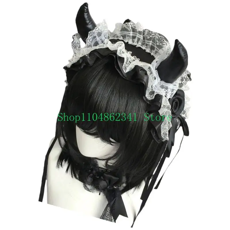 5asd Vintage Gothic Lace Devil Horn Headband Comfortable Cosplay Headpiece For Women Music Festival Halloween Cosplay Event