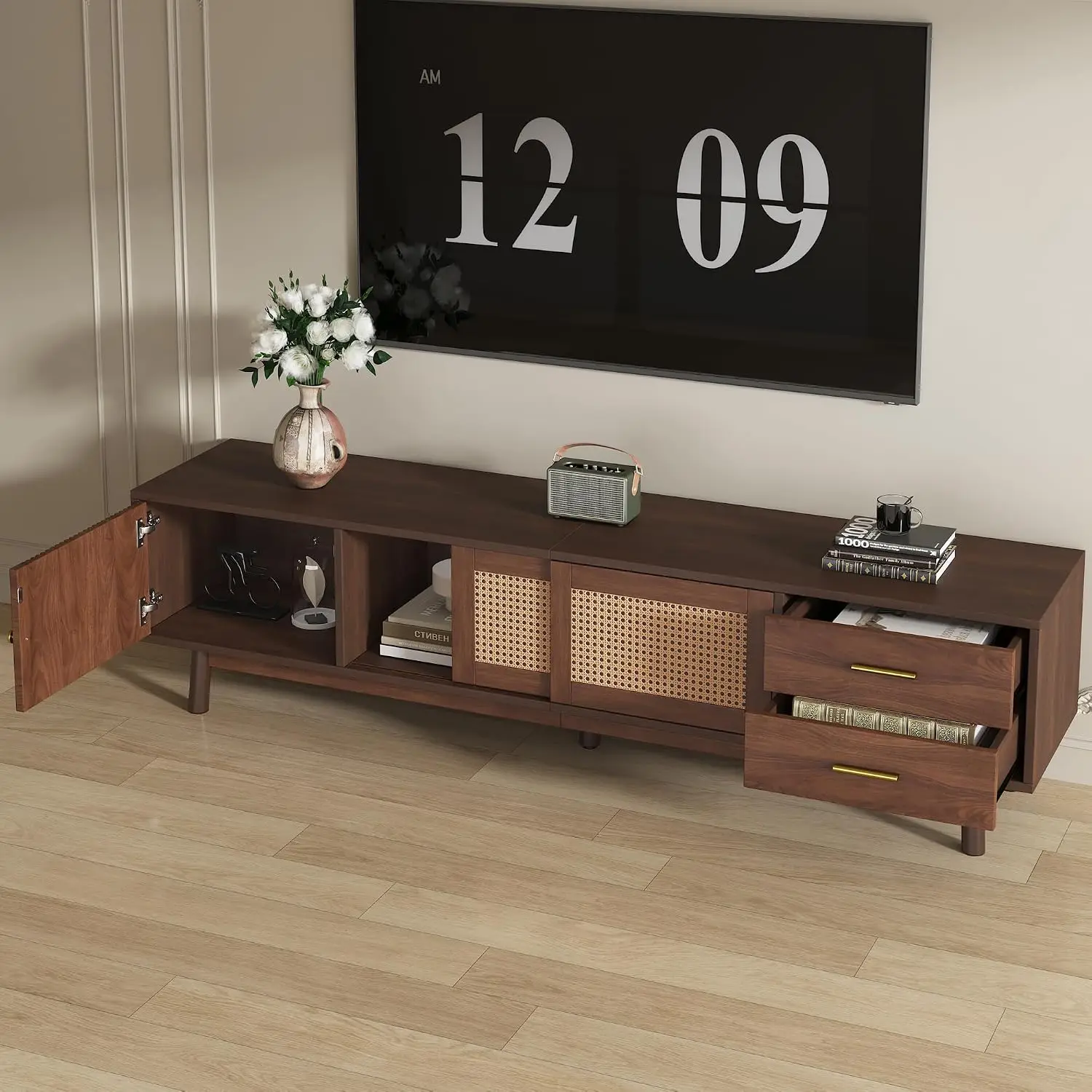 Mid Century TV Stand Rattan Door 80 Inch Entertainment Center 3 Door 2 Drawer Wood Leg Walnut Living Room, Customized