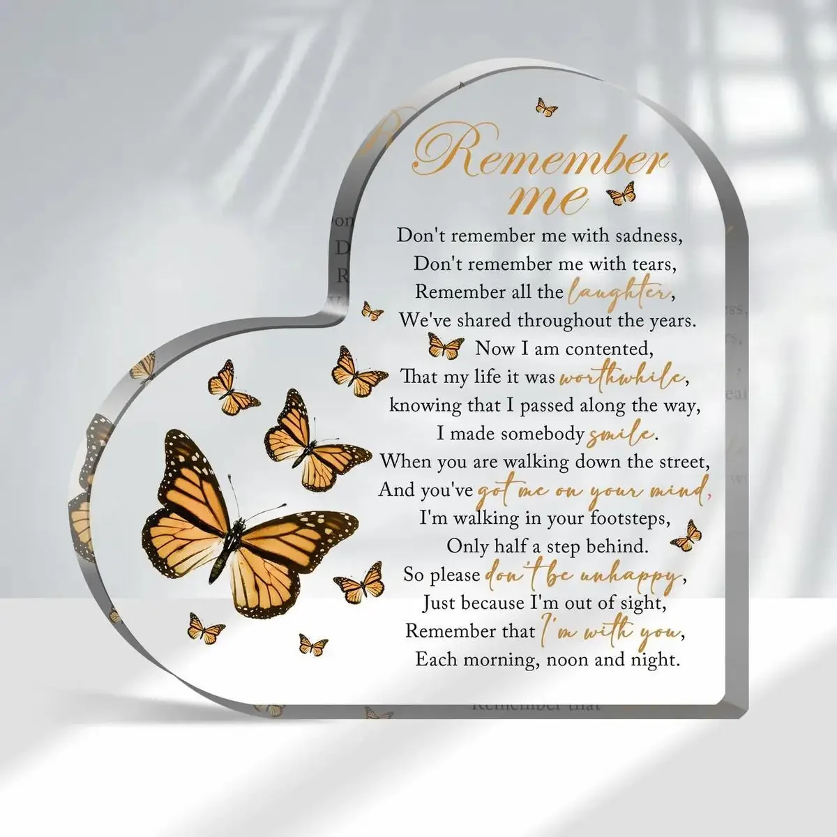 Heart Acrylic Desk Plaque Remember Me Butterfly Memorial Gift, Bereavement Sympathy Keepsake