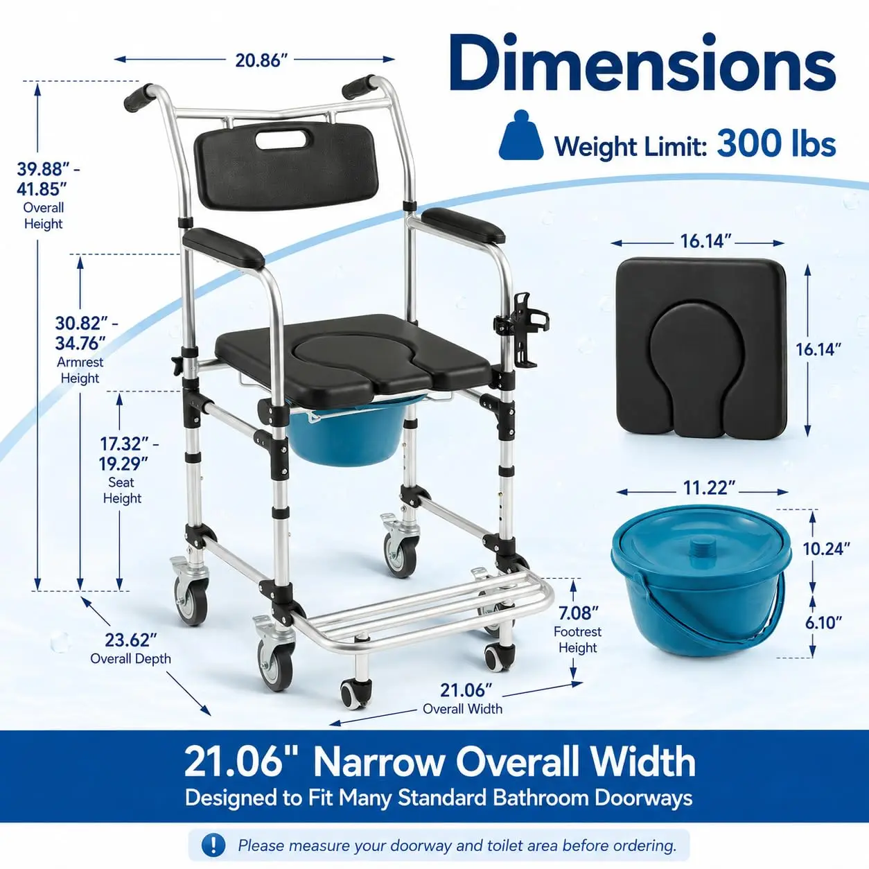 Upgraded 4-in-1 Bedside Commode Chair with Wheels 3-Level Height Adjustable Shower Wheelchair for Elderly, Anti-Tipping Rollout
