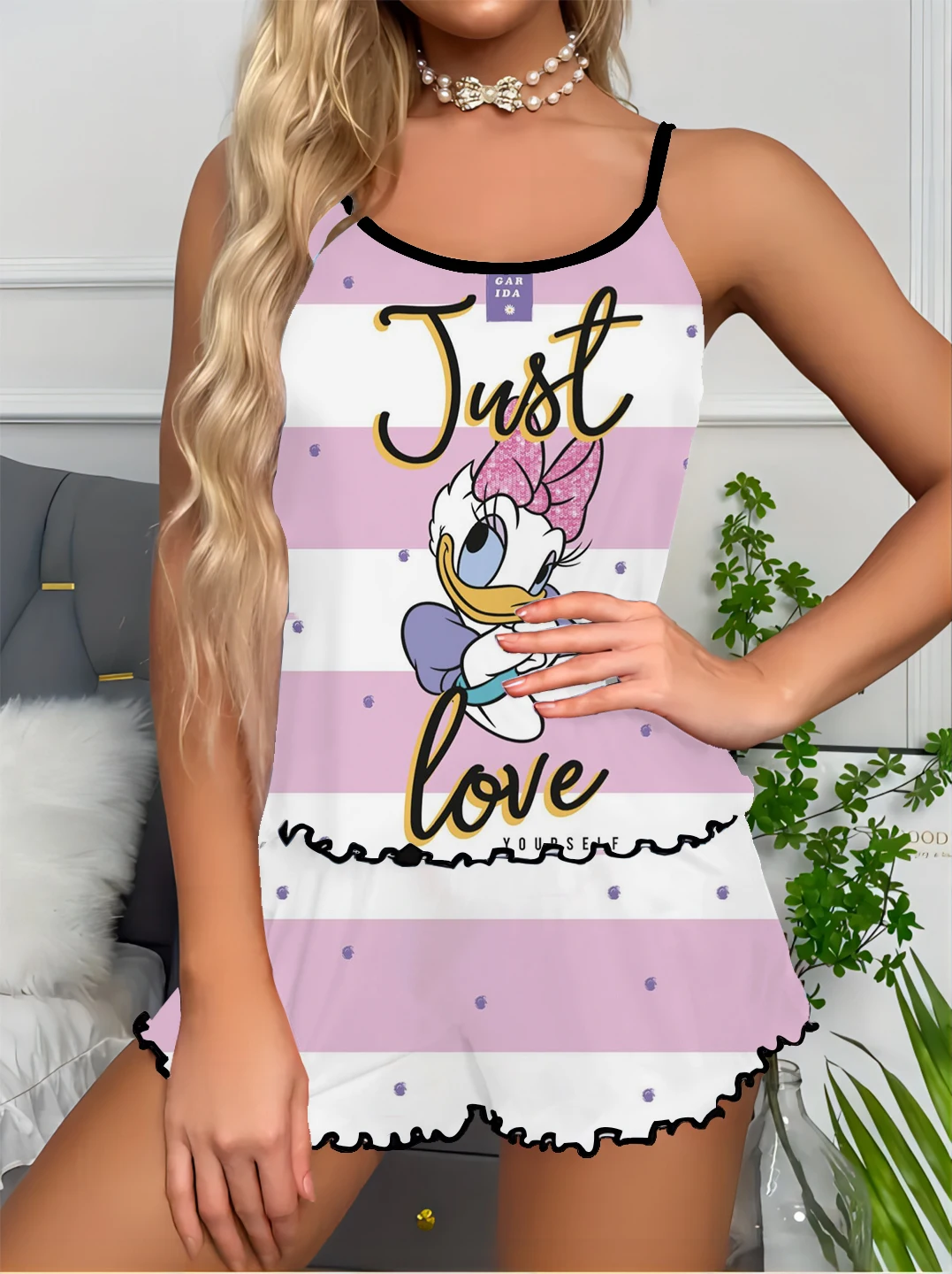 Fashion Trend Women's Suspender Suit Dress Girls Pajama Set Comfortable Home Casual Simple Disney Donald Duck Print