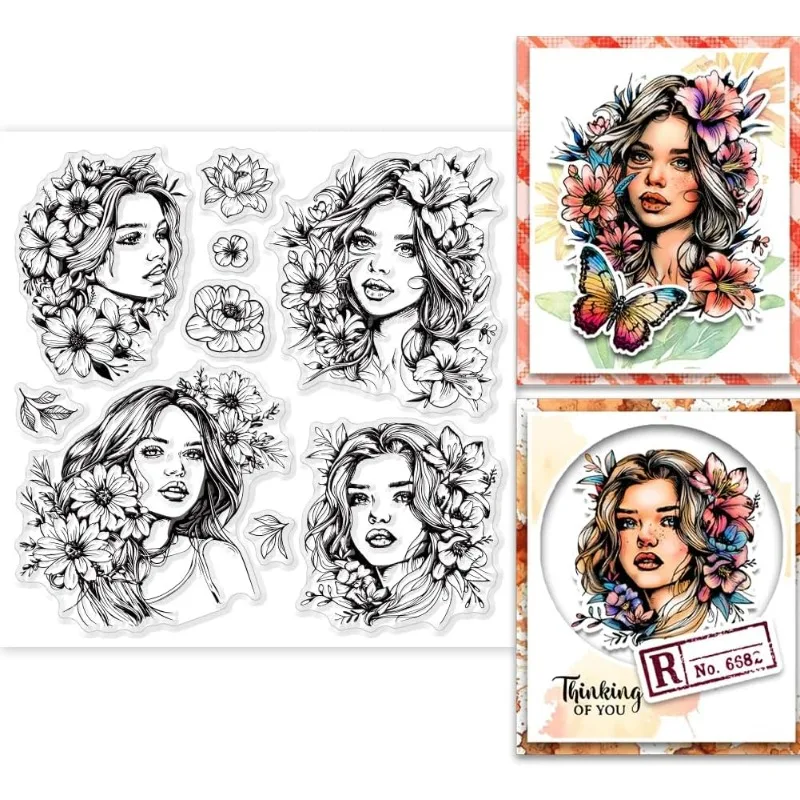 1Sheet Lady and Flower Clear Stamps Flower Silicone Clear Stamp Seals Woman Transparent Stamps for DIY Scrapbooking Cards Making