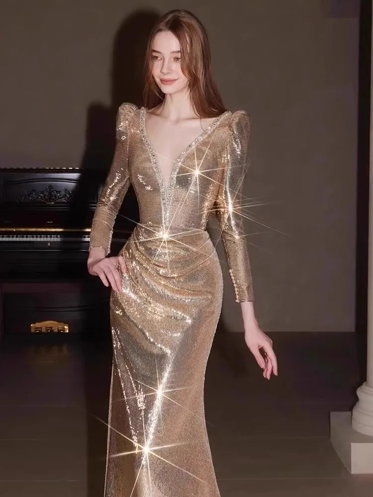 

Golden Evening Gown Women's 2026 New High-End Lightweight Luxury Year Conference Mermaid Banquet Elegance Host Engagement Toa...