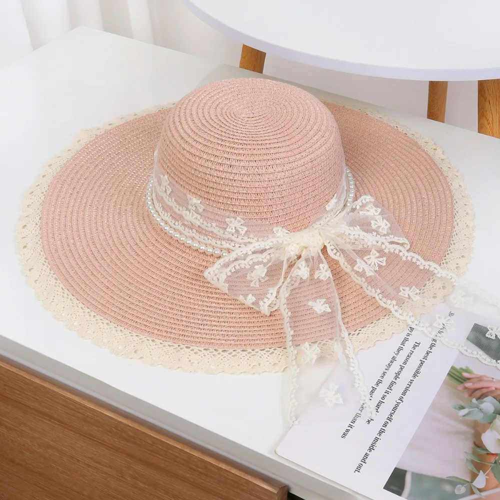 

Elegant Wide Brim Straw Hat Breathable Korean Style Lace Tied Sun Hat Lightweight Pearl Chain Beach Hat Summer