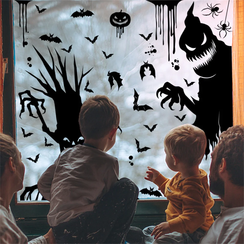 1Set Halloween Giant Ghost Monster Skeletons Window Stickers Witch Bat Skull Electrostatic Stickers Halloween Party Decorations