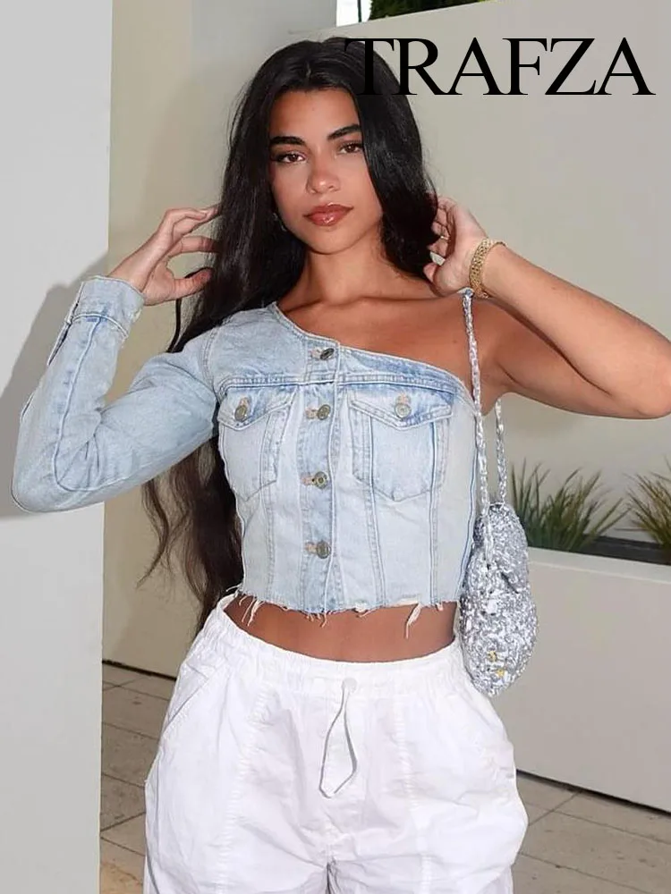 TRAFZA Summer Crop Tops Women Trendy Denim One Shoulder Long Sleeve Pockets Single-Breasted Female Streetwear Asymmetrical Tops