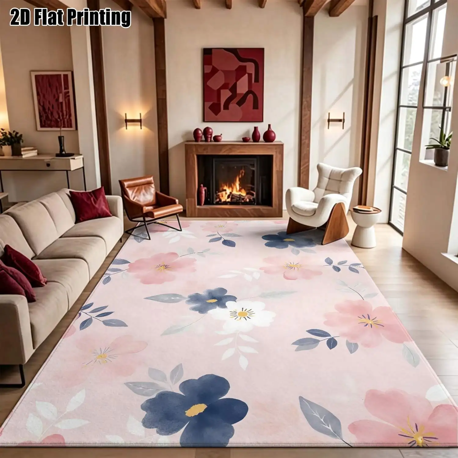1Pc 2D Printed Pink Flower Nordic/Instagram Style Carpet, Modern Minimalist European Geometric Striped Floor Mat, Home Decor, Multi-Size, Machine Washable, for Entrance, Dining Room, Foyer, Bedroom, Living Room