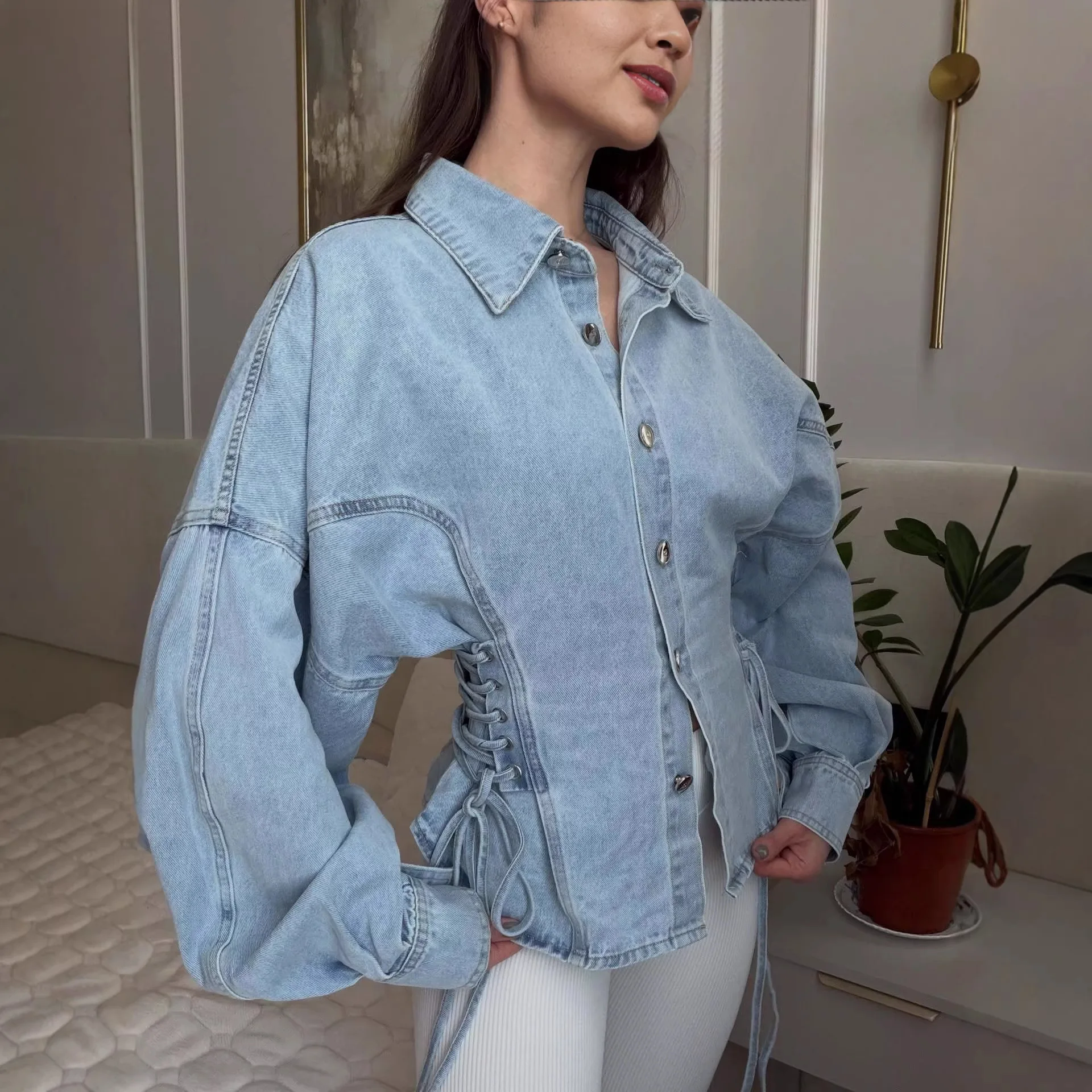 American F style denim top 2026 new retro relaxed feeling washed pure cotton off-shoulder silhouette denim shirt women's top