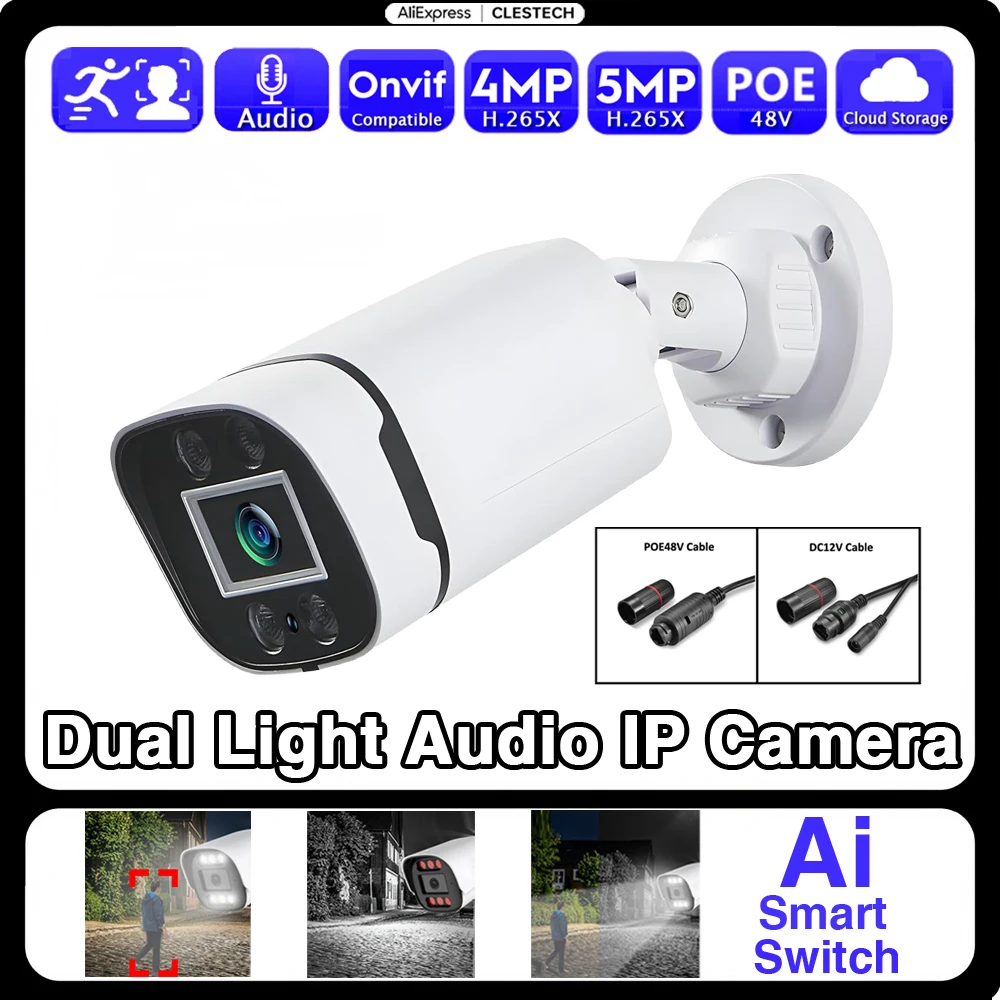 

AI Audio IP POE Camera Infrared Full Color Dual Light RTSP 5MP 4MP H.265 HD Mic Outdoor Waterproof ONVIF Xmeye Security System